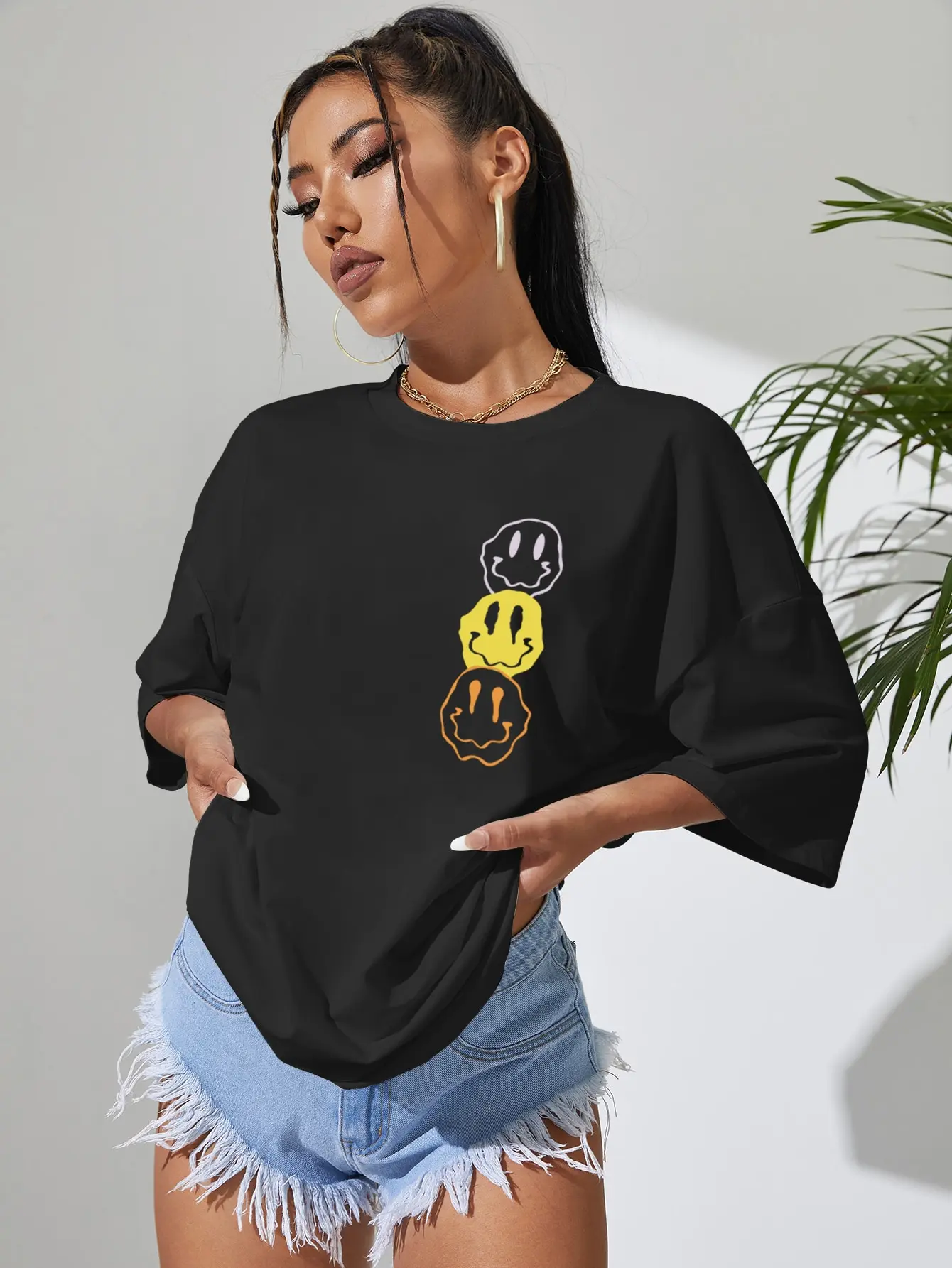 Unhappy Face Cotton Printed Oversized Women's Crew Neck Tee