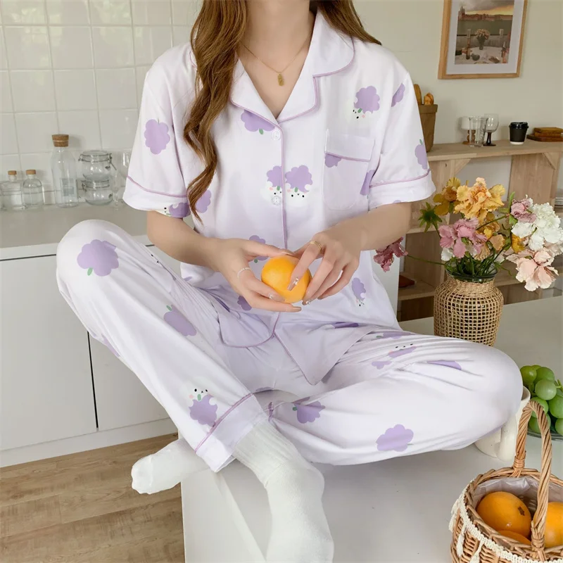Spring Summer Women's Thin Pajamas Lapel Short Sleeve Cardigan Pants Loose Casual Home Clothing Set Sweet Cute Sleepwear