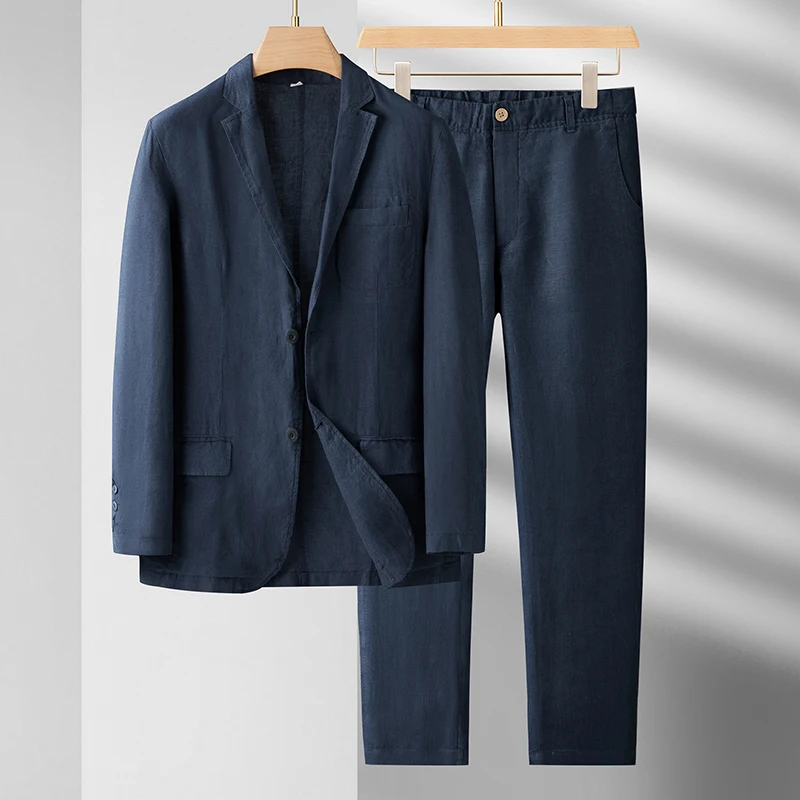 Spring Summer Linen Blazer Man 2 Piece Blazers Set For Men Suit Male Loose Business Masculino Fashion Casual Thin Style New