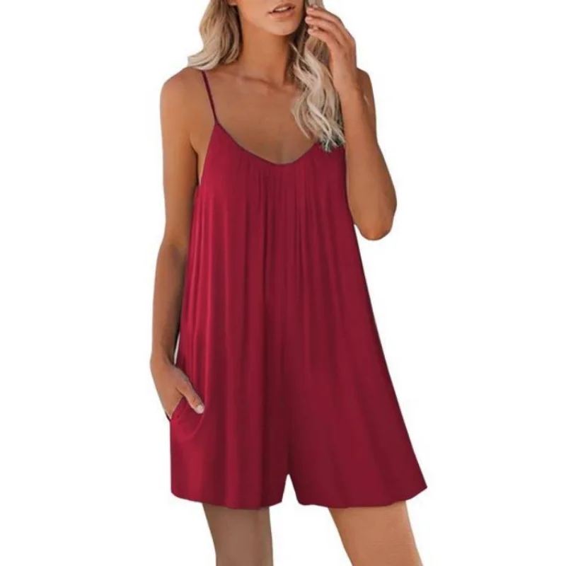 2023 Summer Woman Clothes New Casual Suspender Shorts Solid Color Round Neck Loose Pocket Jumpsuit Female Clothing Woman Dress