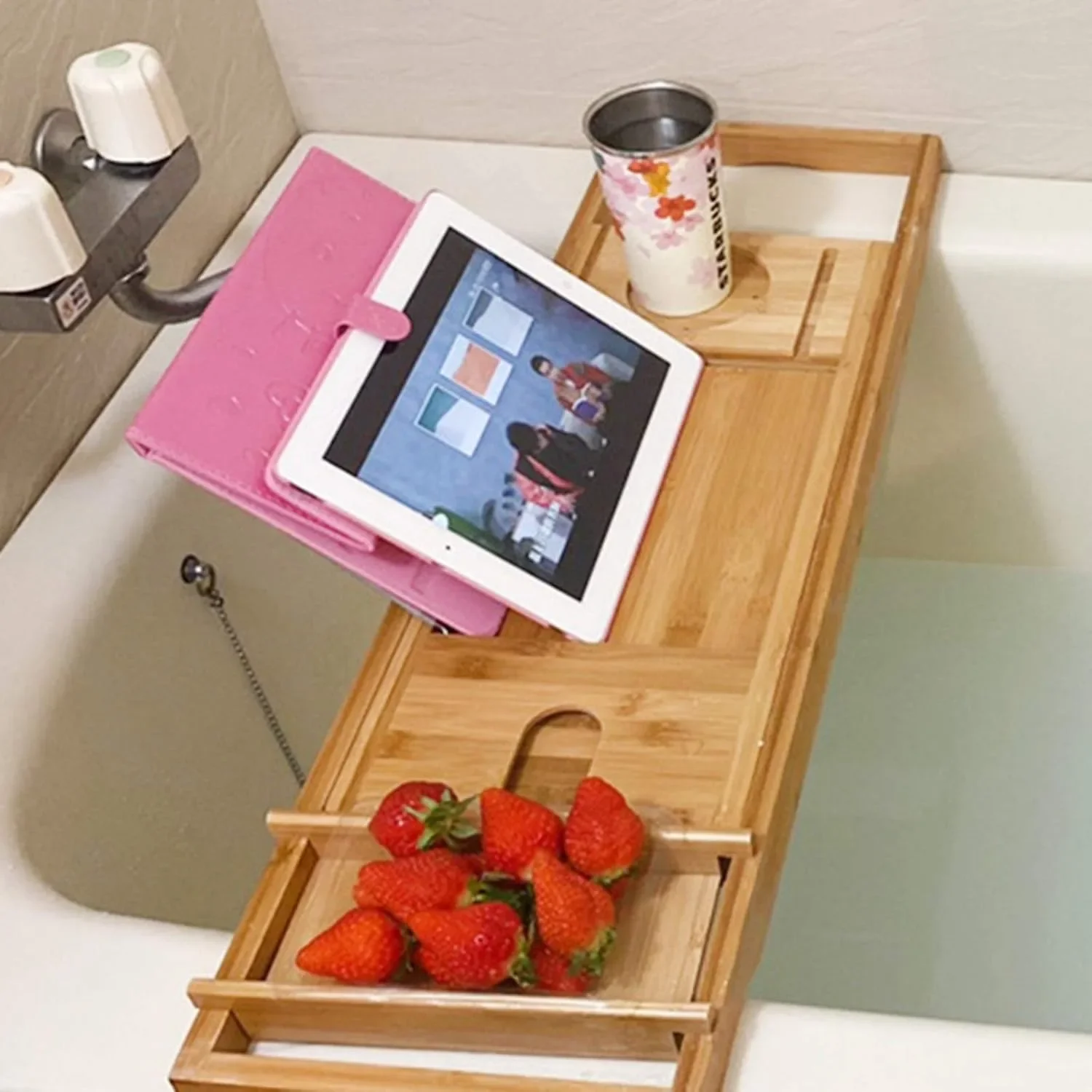Bamboo Bath Tray Bathtub Caddy,Luxury Expandable Tub Holder Rack with Wine Glass Holder,Shower Reading Pad Holder W/Phone Slot 2