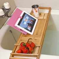 Bamboo Bath Tray Bathtub Caddy,Luxury Expandable Tub Holder Rack with Wine Glass Holder,Shower Reading Pad Holder W/Phone Slot 2
