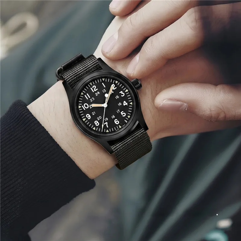 Black Khaki Army Genuine Leather and Nylon Weave Canvas Sport Watch Band Bracelet with Pin Buckle, 20mm or 22mm Strap Size