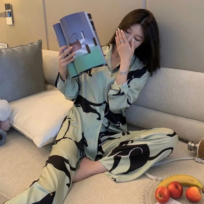 Korean Printed Pajamas Women Spring Autumn Long Sleeve Nightdress 2024 The Latest Ice Silk Sleepwear Loose Casual Home Wear Set