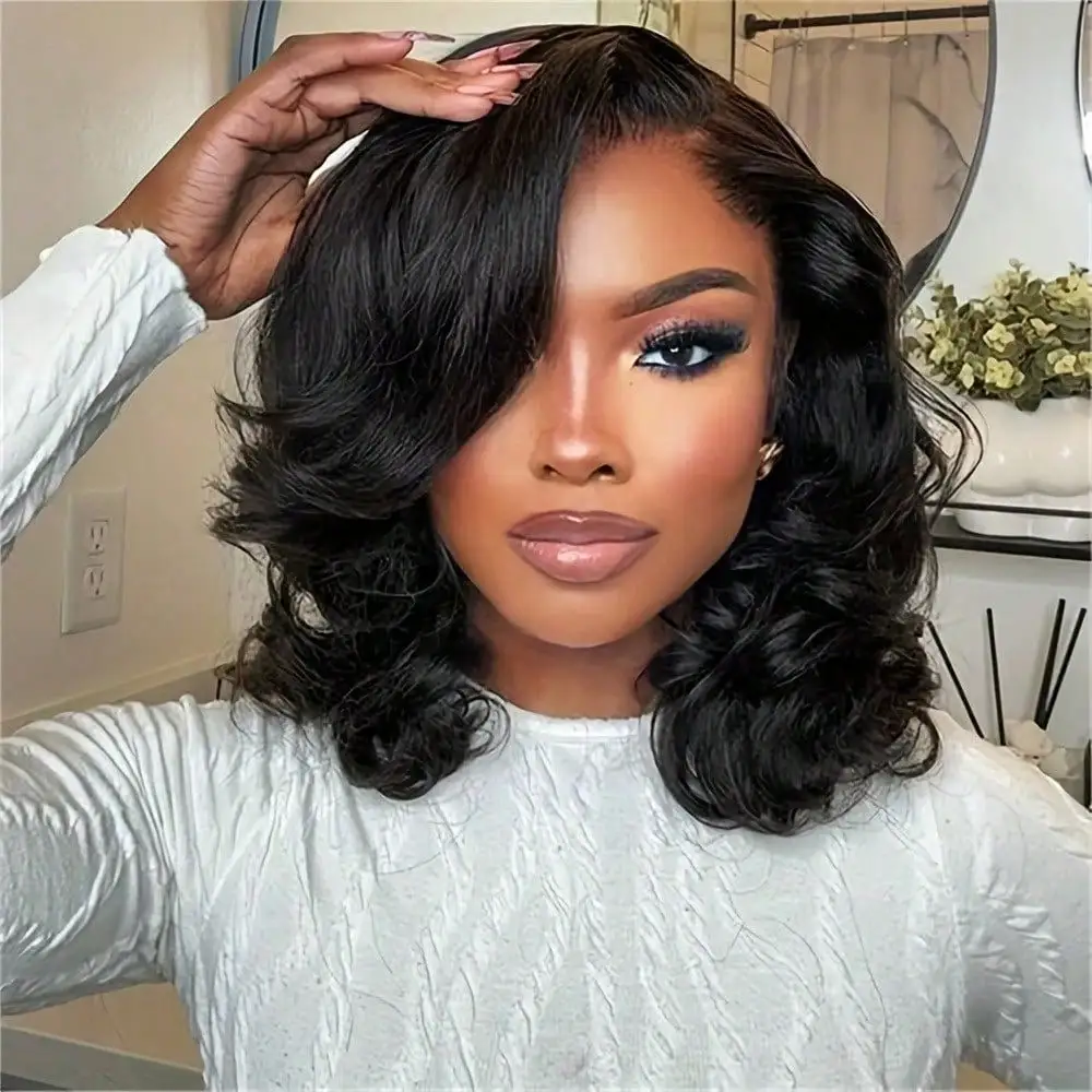 16 Inch 13x4 HD Lace Front Body Wave Bob Wig 250% Density Pre Plucked Natural Black Human Hair for Women 1