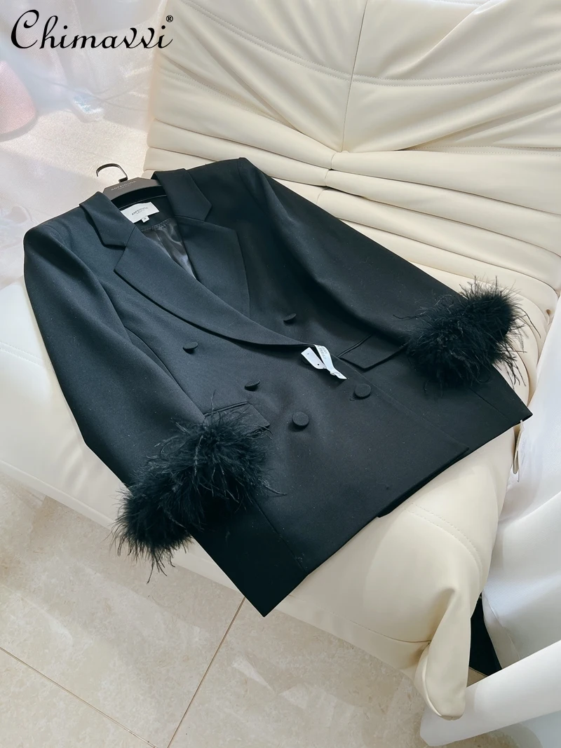 

2024 Spring British Style Office Lady Blazer Long Sleeve Double Breasted Feather Women Black Commuter Jacket Blazers Femme