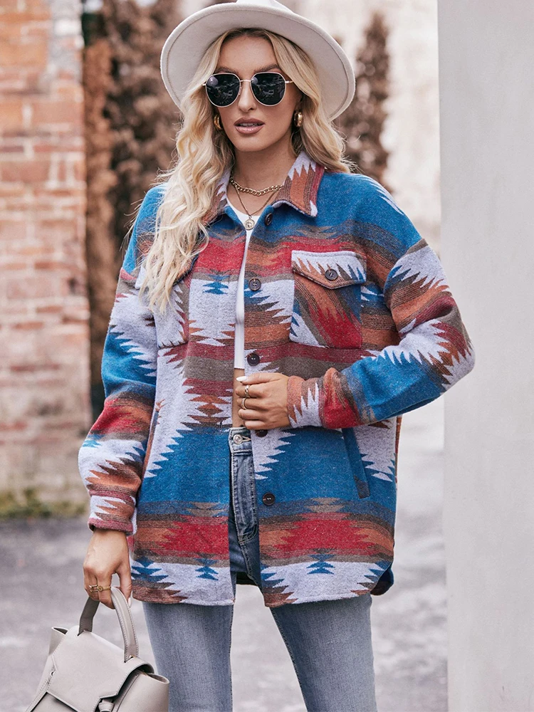 

Autumn Winter Jacket Women Geometric Print Shirt Ladies Lapel Wool Coat Female Fashion Vintage Plaid Outwear with Pockets