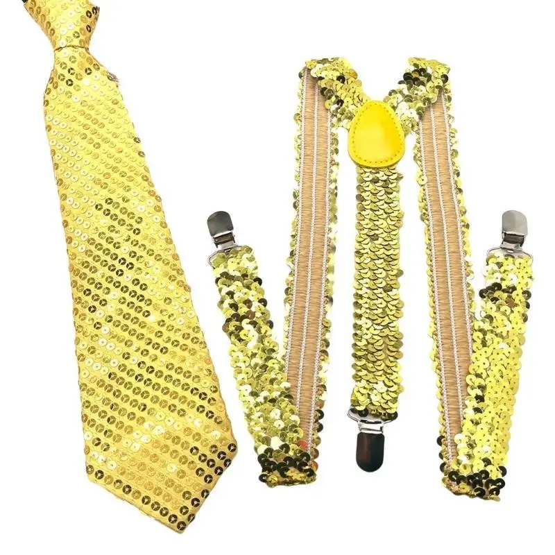 652F Adjustable Sequins Suspenders and Necktie Set for Men with Metal Clip for Weddings and Theme Parties Costume Accessory