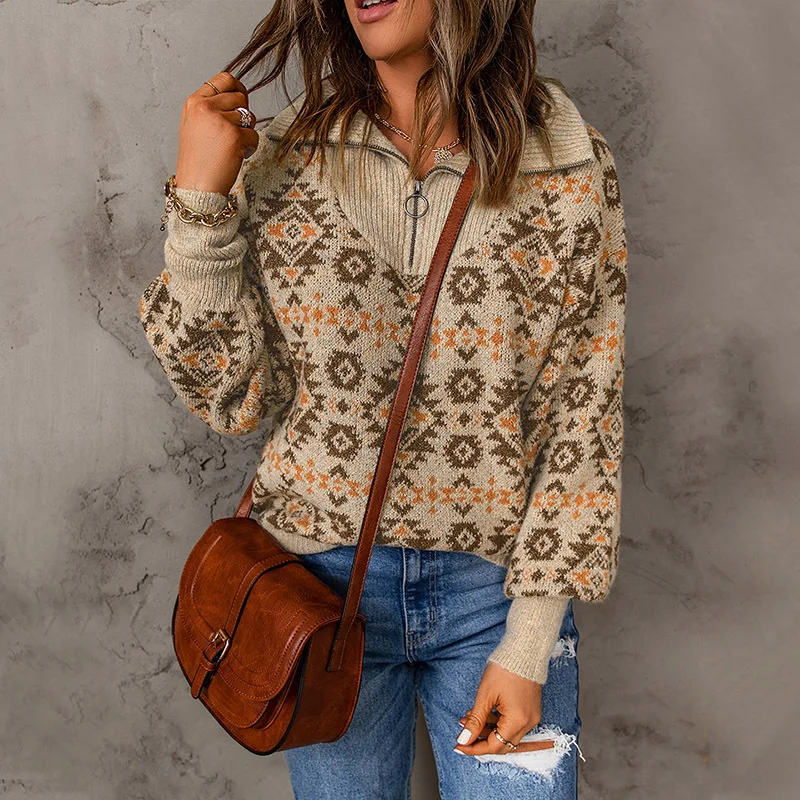 

Boho Zipper Lapel Oversize Jumper Vintage Print Loose Autumn Sweaters for Women Casual Long Sleeve Pullover Sweater 2022