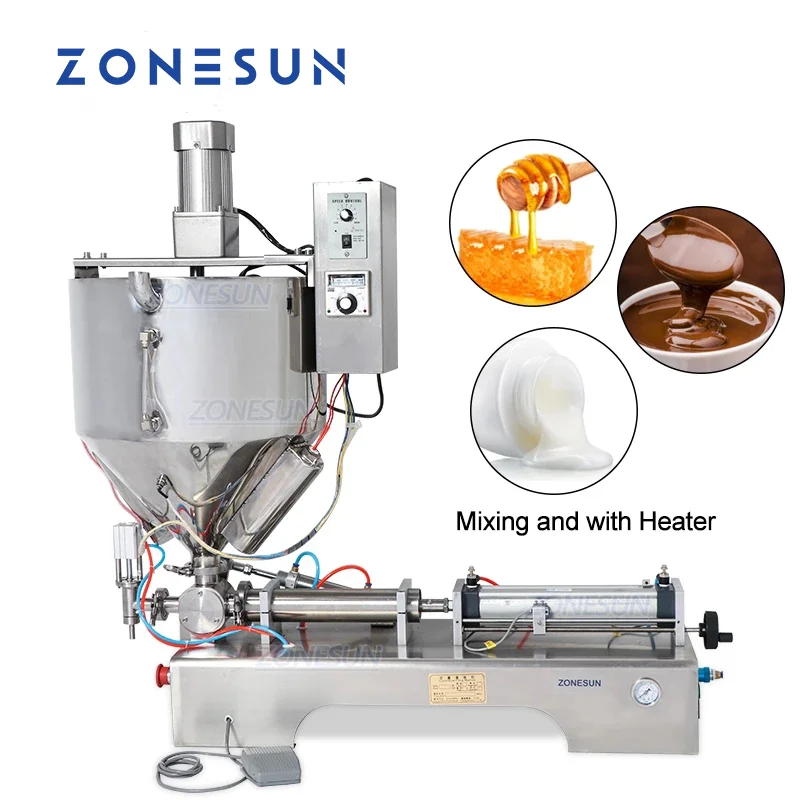 

ZONESUN Paste Mixing Filling Machine With Heater Single Nozzle Cream Honey Water Bottle Filler Chocolate Sauce Packaging
