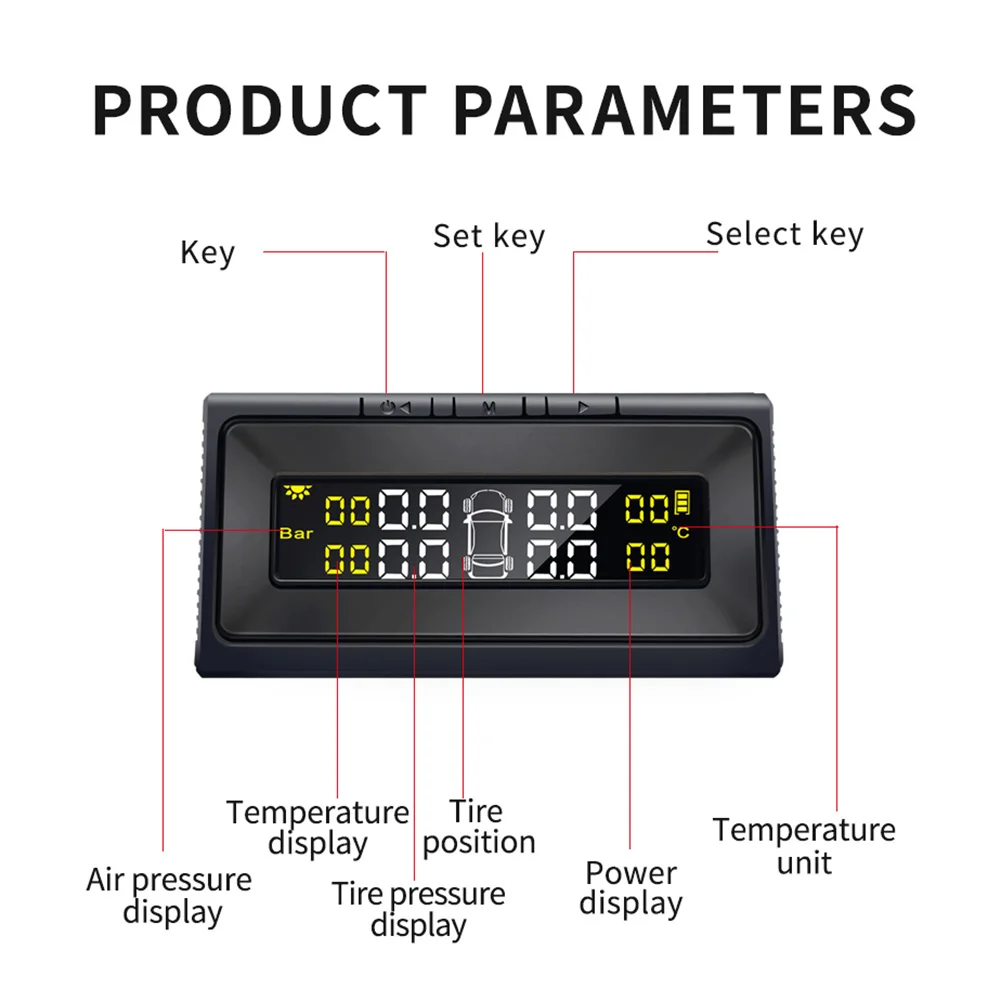 스마트 TPMS USB 자동차 타이어 압력 경보 모니터 시스템, LCD 디지털 디스플레이, 태양광 타이어 압력 온도 경고, 4 센서