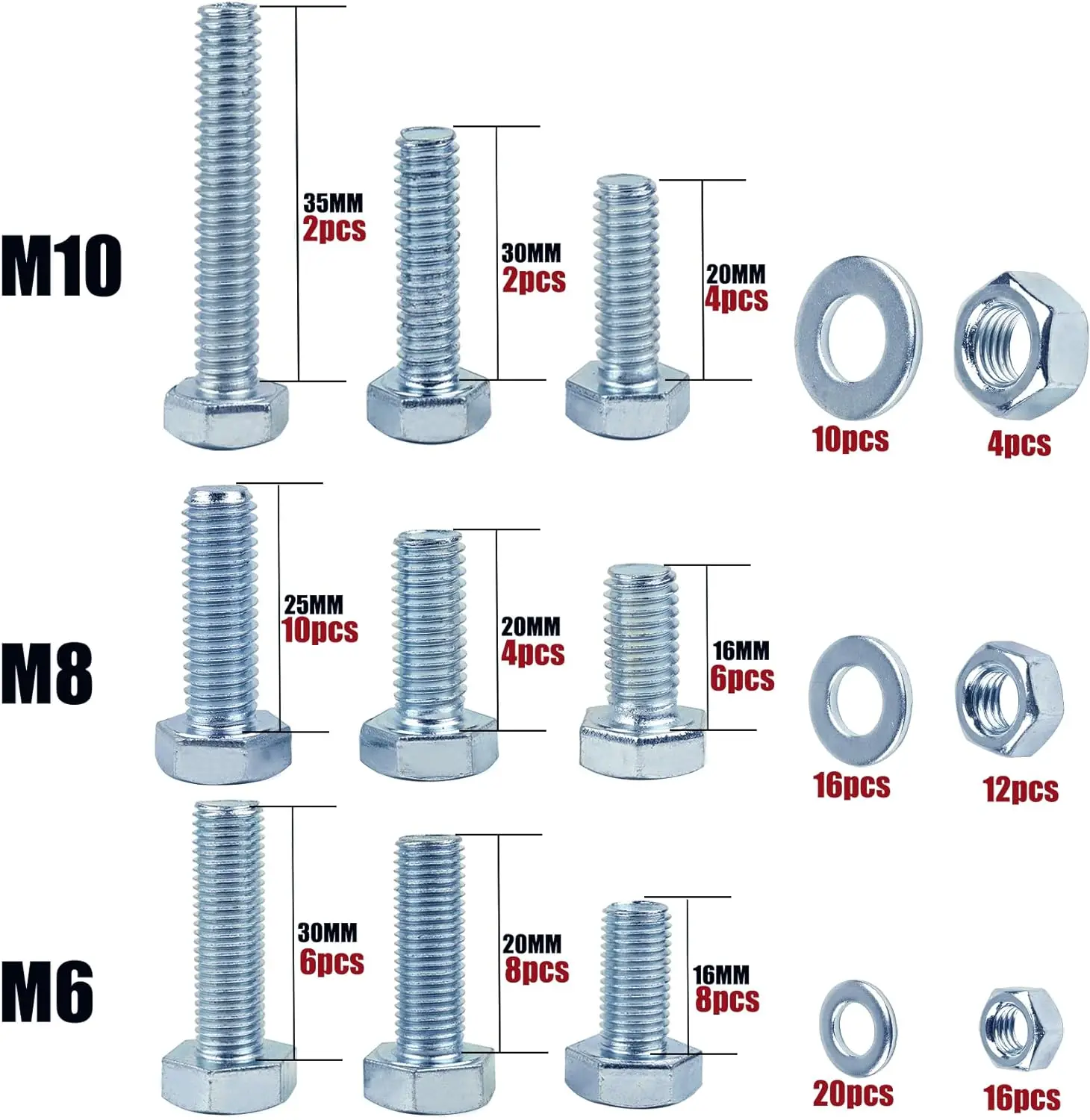 Description Picture 3 of itemHex Bolts M6 M8 M10 and Hex Nuts and Washers Set Kit,Nuts and Bolts Assortment Kit, Assorted Nuts and Bolts, Nut Bolt