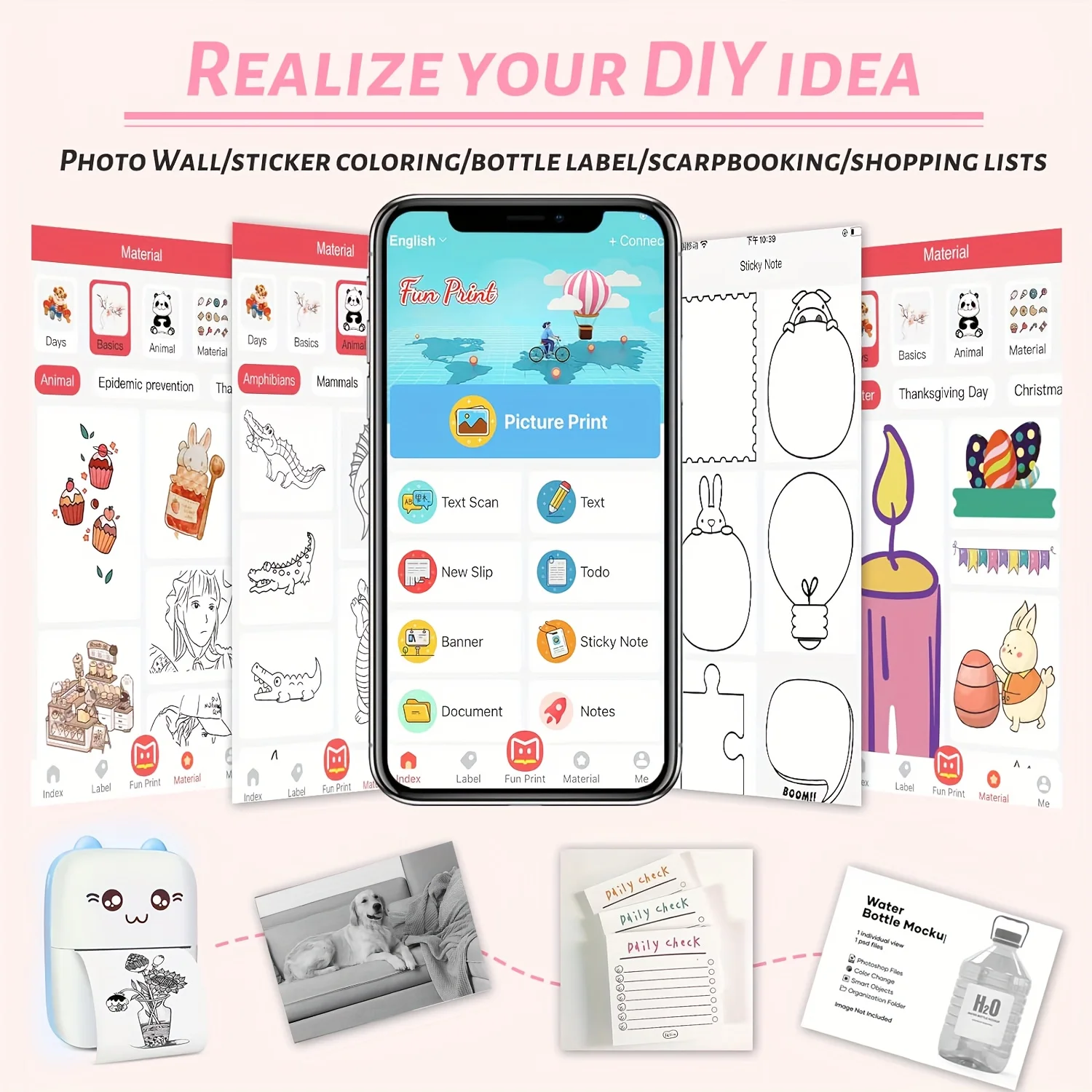 Wireless Mini Photo Thermal Printer, with Mobile App, USB Charging, Suitable for Thermal Paper, Suitable for Photos and Notes