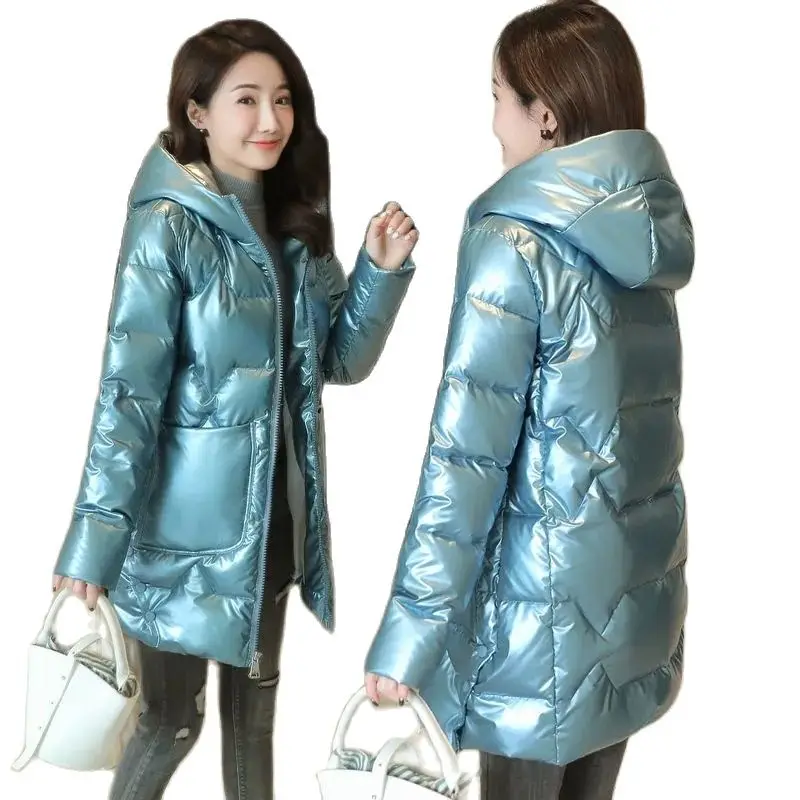 

Shiny Down Women's Mid-length 2023 Winter New Korean Version Slim Hooded Thickened Lady