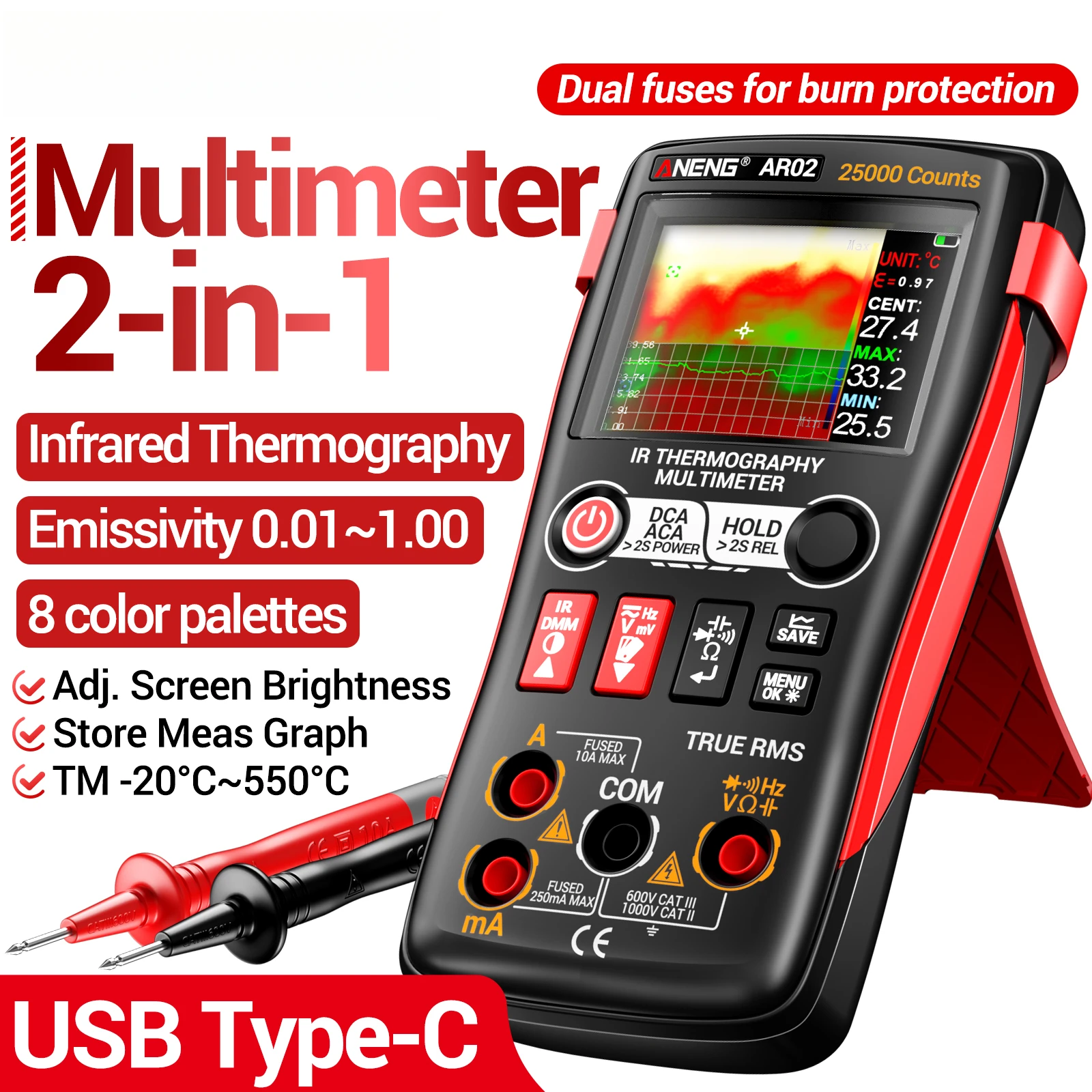 ANENG AR02 2 in1 멀티미터 열화상 카메라 적외선 온도계 240×240 I..
