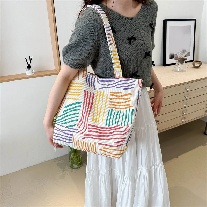 Large Capacity Tote Bag Luxury Designer Handbags For Women 2024 Brand Multicolored Stripes Canvas Shoulder Bag Big Shopper Bags