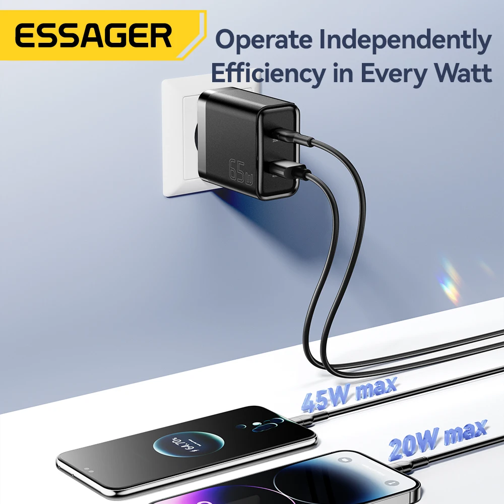 Essager 65W GaN Charger QC 4.0 PD 3.0 Type C USB Charger for iPhone 15 14 13 Pro Max Samsung Xiaomi MacBook Laptop Fast Chagers