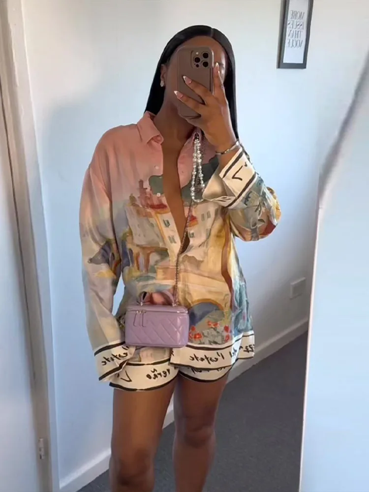 Fashion Printed 2 Piece Set Loose Lapel Button Long Sleeved Shirt Elastic Waist Shorts Suit 2025 Summer Autumn Beach Lady Set 1