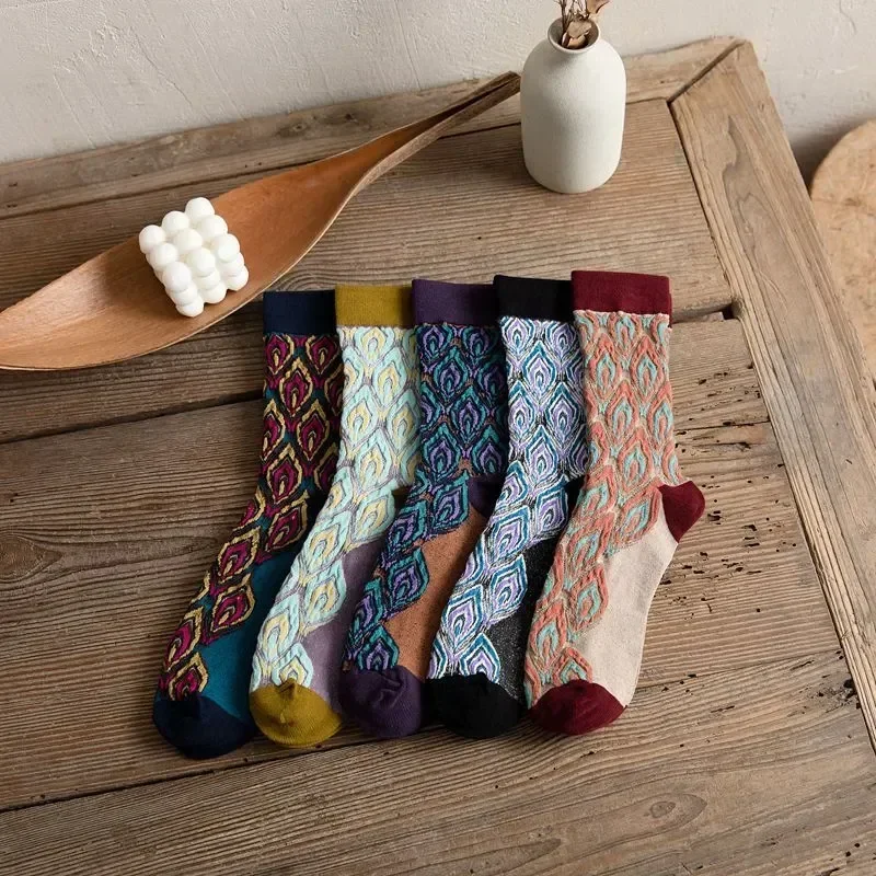 

Peacock Women Autumn Qisin Soken Pattern Harajuku Socks Luxury Retor Long Winter Style Femme Chaussette 5pairs/set