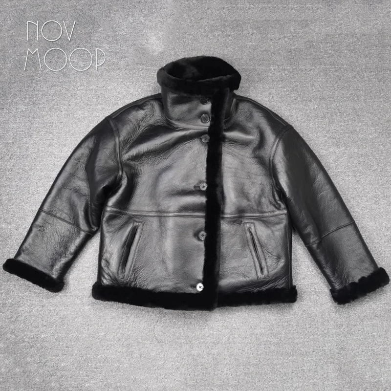 

Novmoop reversible genuine leather shearling women jacket simple chic coat winter best seller LT3622