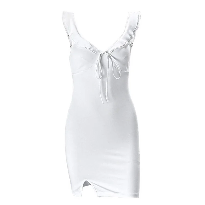 Vestido de verano Y2K para mujer, color liso, con volantes, escote en V profundo, lazo, dobladillo con abertura, minivestido ajustado, años 2000, vestidos de fiesta para salir