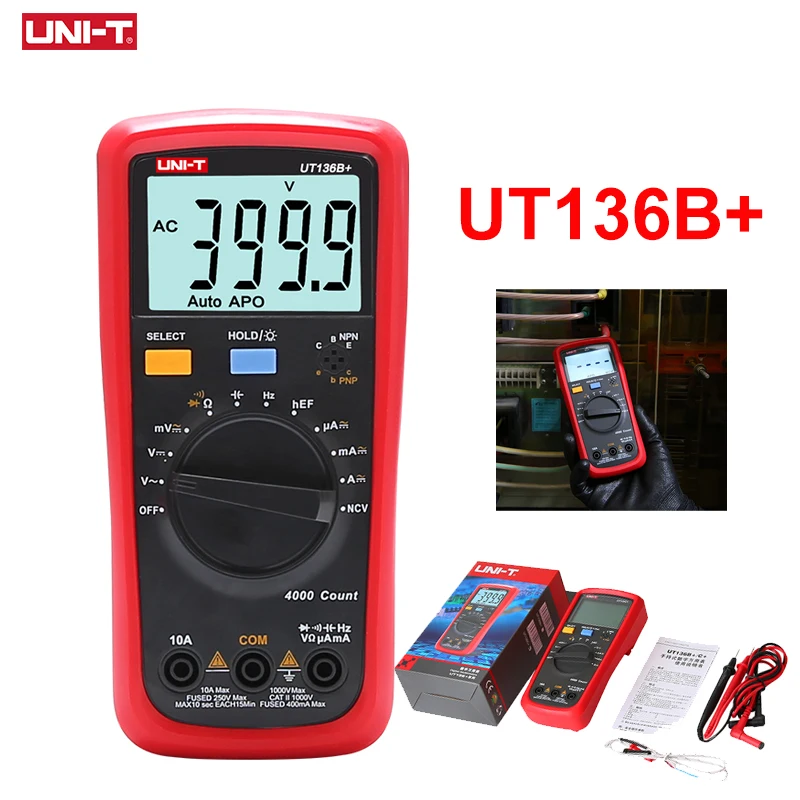 UNI-T UT136B+ Digital Multimeter Auto Range AC/DC 1000V/10A DMM Ohm Capacitance Resistance Frequency Diod Tester Multimeters
