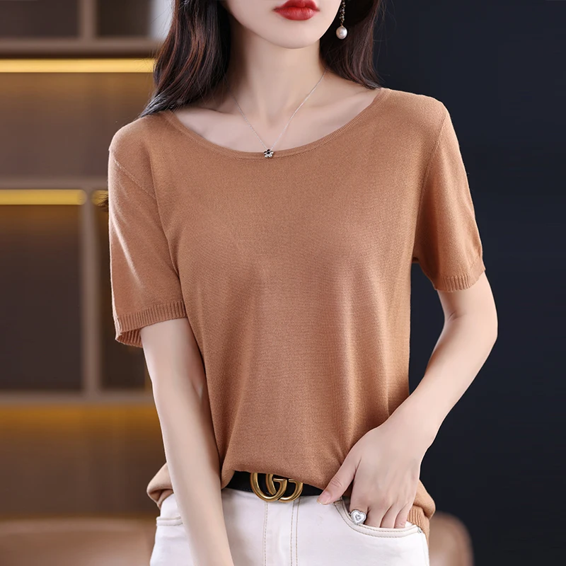 

Women's T-shirt Summer New U-neck Knitted Sweater Short Sleeve Casual Solid Color Ladies Clothes Loose Tops Worsted Wool Blouse