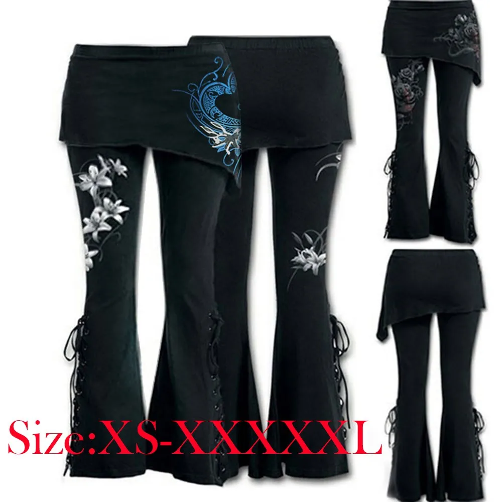 Wide Leg Jeans Women Lace Leggings Casual Embroidered Bottom Black Punk Bandage Flares Up Bell Pants Wide Leg Jeans Flared Pants