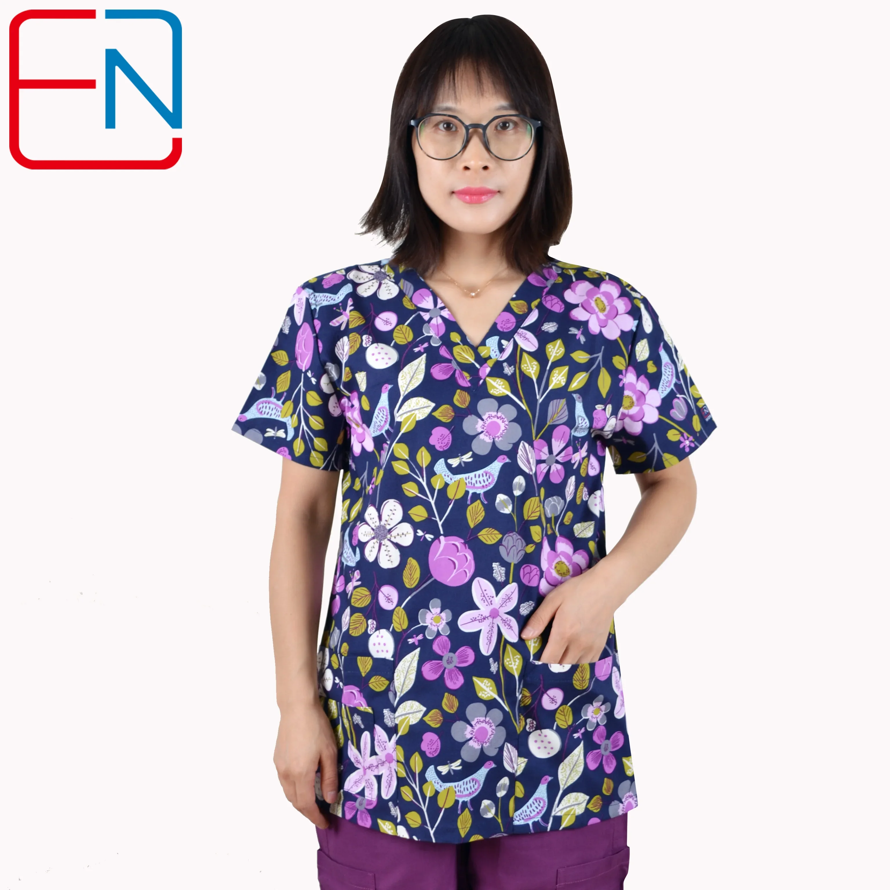 Brand scrub uniform tops for women in 100% print cotton 4 pockets,XXS-5XL