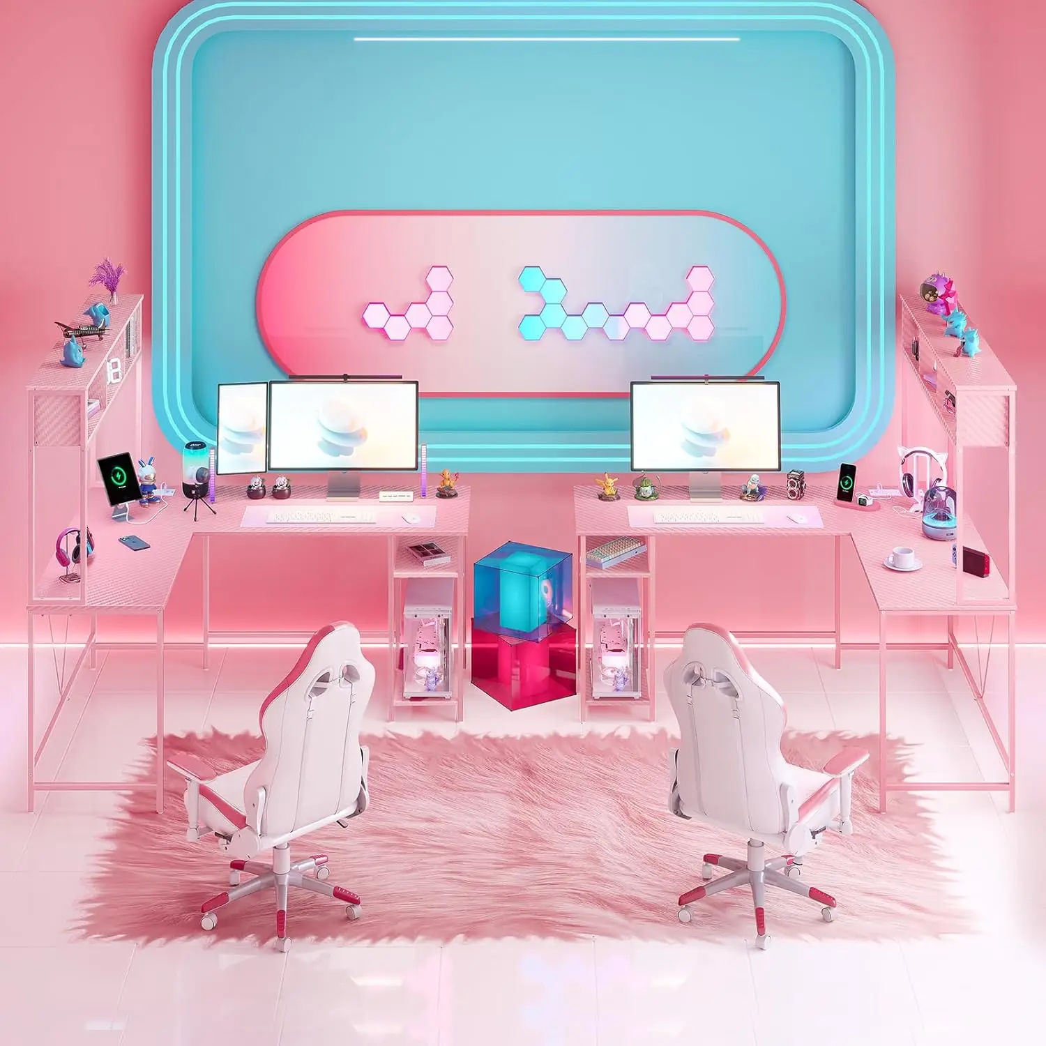 L Shaped Desk Gaming Desk with LED Strip & Power Outlet, Reversible L-Shaped Computer Desk, Corner Desk with Storage Shelf 4