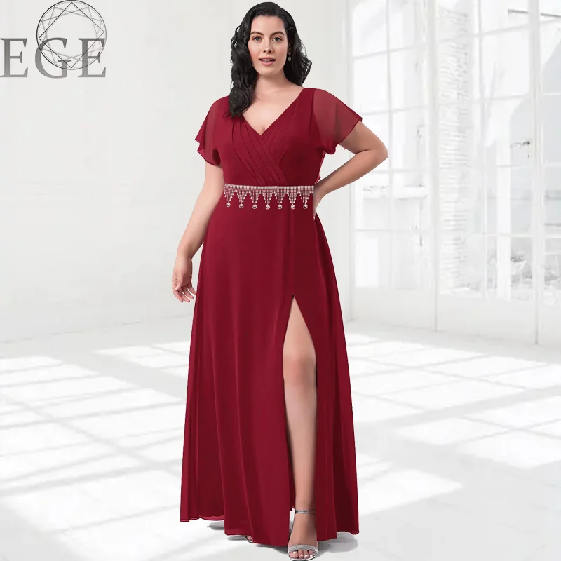 Chiffon Illusion Neck Maxi Gowns Of Bridesmaids Red Plus Size main image 0