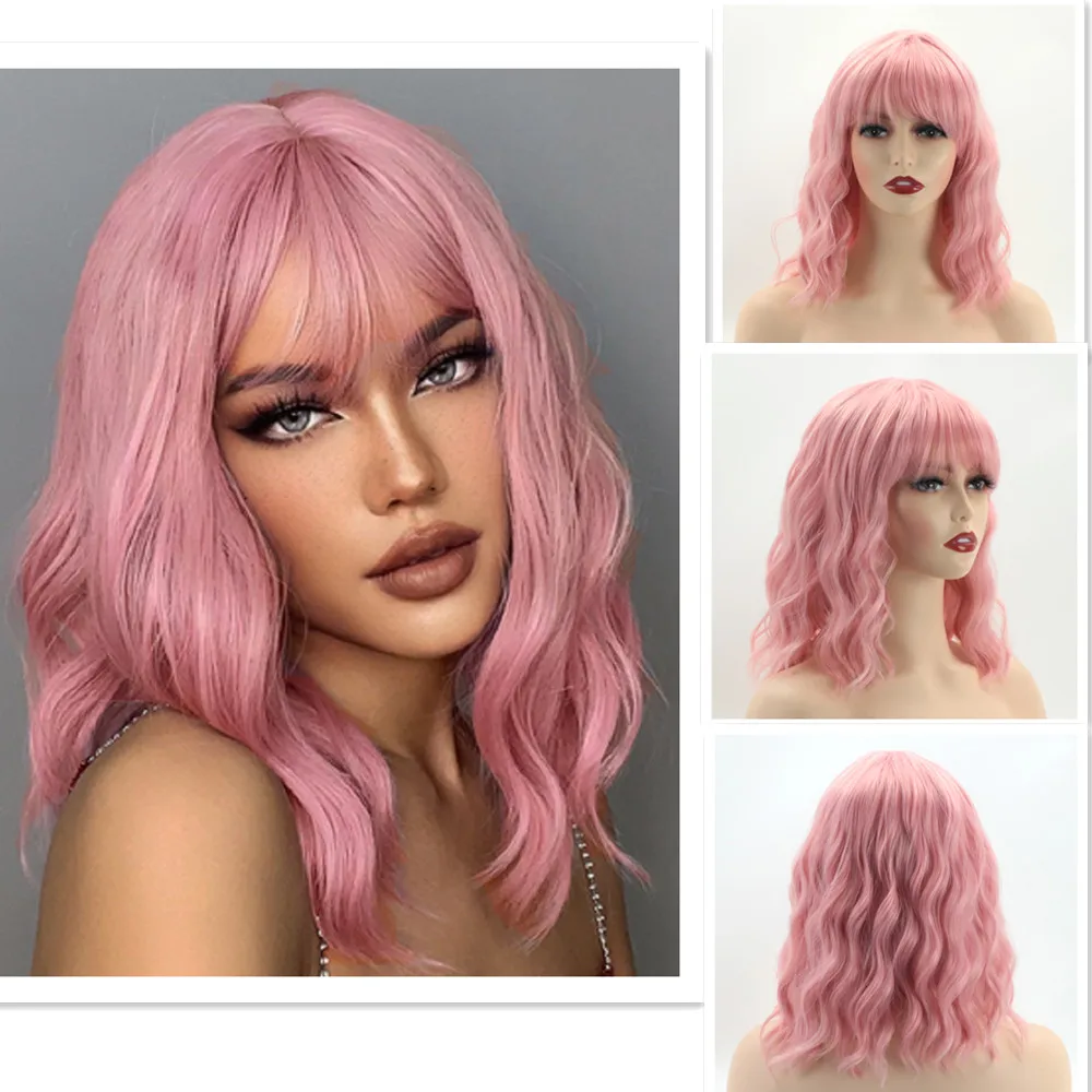 amir bob wig synthetic mixed color black mix dark brown wigs for women medium length heat resistant cosplay wigs Synthetic Women Short Water Wave Ripple Wig Natural Fluffy  Pink Air Bangs Collarbone Hair Medium Length Mixed Ombre Black Brown