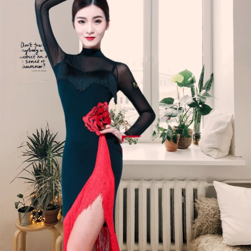 

Платье с длинным рукавом, женские платья, большой красный цветок, женское платье для латиноамериканских танцев, черный сексуальный костюм для девушек и взрослых, Румба 2023