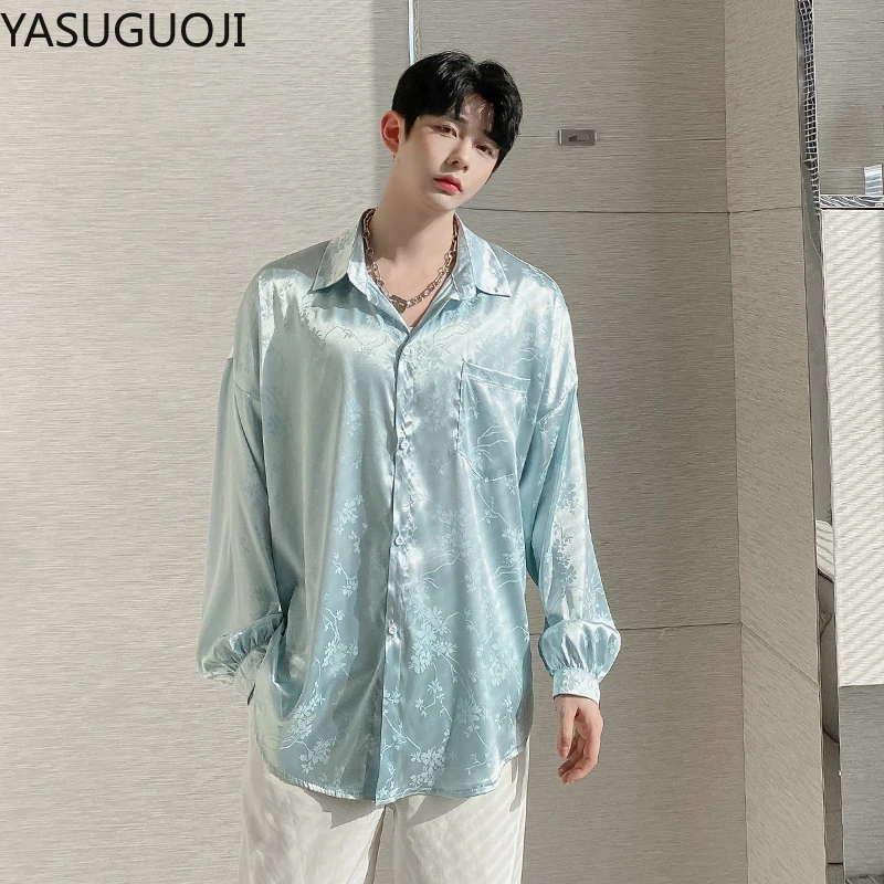 YASUGUOJI Lapel Men's Satin Shirt Handsome Korean Fashion Chic Oversized Long Sleeve Shirt Men Loose Casual Single Breasted Tops button up short sleeve shirts & tops