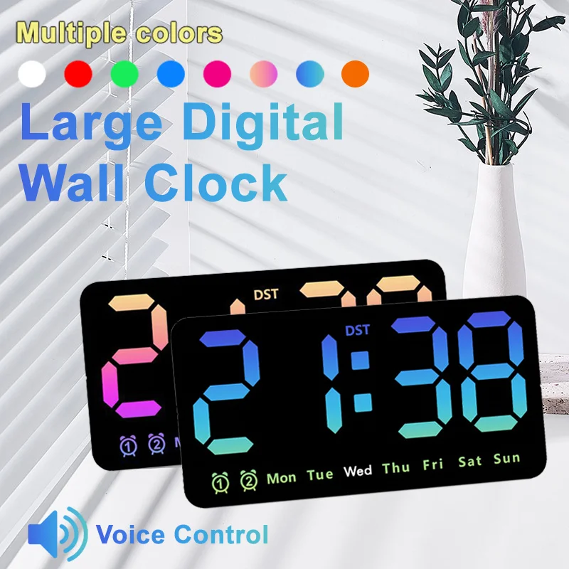 Voice Control Wall Clock Large LED Alarm Clock with Temperature Date Week DST Snooze Dual Alarm Desktop Home Decoration digital wall clock