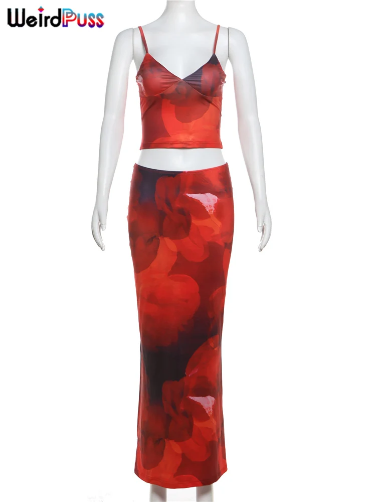 Weird Puss Tie-Dye Print 2 Piece Set Women Summer Y2K Fashion Hipster Elegant V-Neck Camisole+Maxi Skirts Matching Streetwear 6