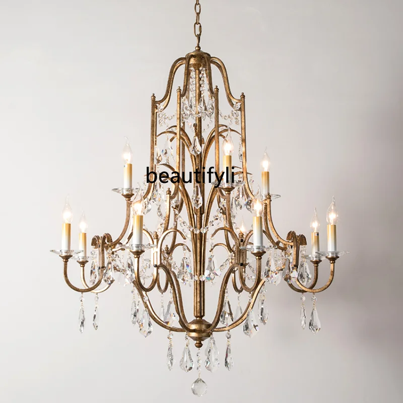 

yj American Duplex Building Chandelier Crystal Lamp in the Living Room French Candle Restaurant Long Staircase Chandelier