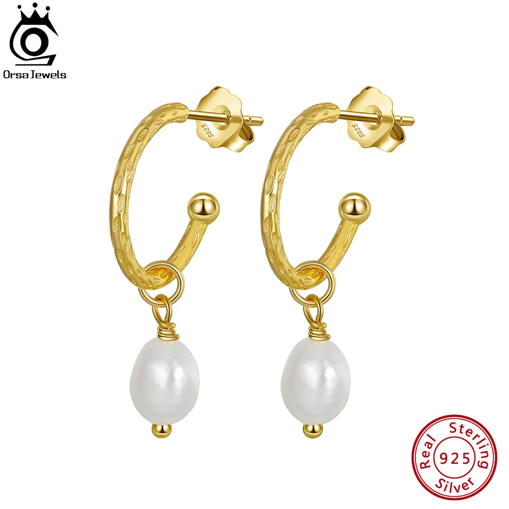 

ORSA JEWELS 14K Gold Over Genuine Sterling Silver Hammered Dangle Earrings with Real Natural Irregular Freshwater Pearls GPE16