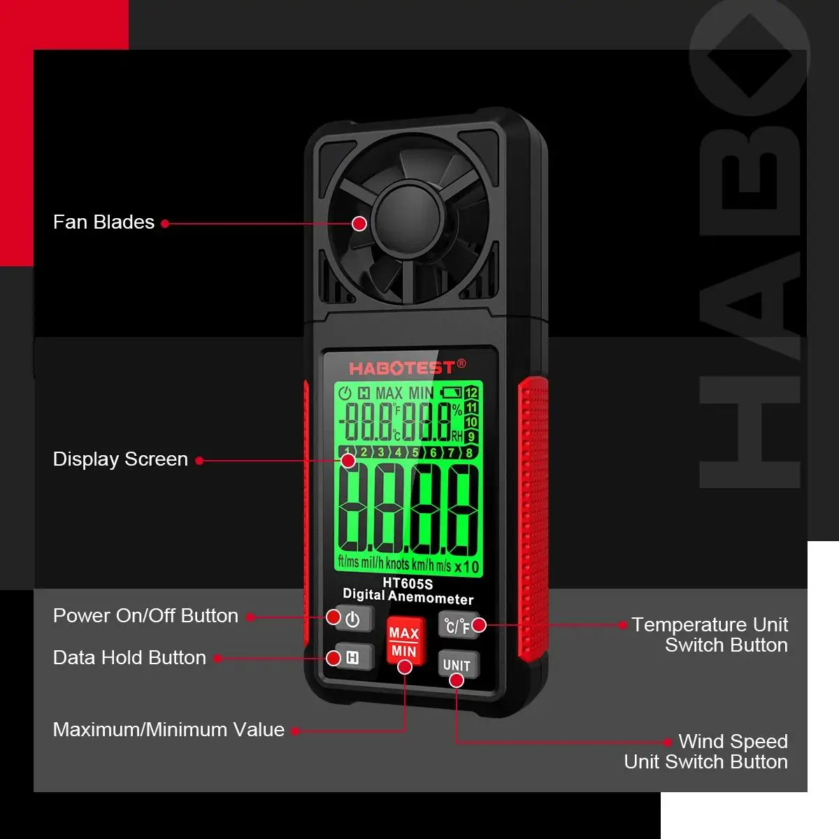 HABOTEST HT605S Digital Anemometer Handheld Portable Wind Speed Meter Air Velocity Gauge LCD Display Temperature Humidity Meter