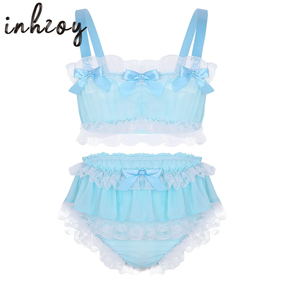 Mens Lace Lingerie Set Sissy Ruffled Frilly Bowknot Crop Top Bra with Girly Skirted Panties Gay Crossdressing Underwear Clubwear french style no steel ring underwear panties set comfortable lace bra set triangle cup sexy breathable panties underwear bra set