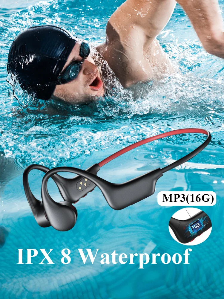 골전도 무선 헤드폰 IPX8 방수 수영 스포츠 이어폰 16G MP3 블루투스 5.3 헤드셋, 마이크 귀 후크 Hifi
