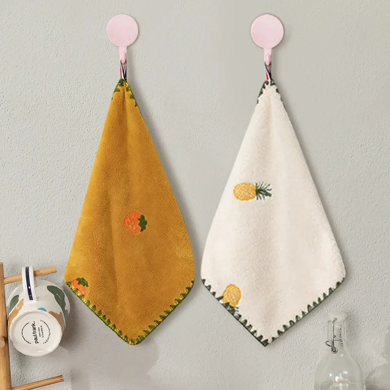 Absorbent Hand Towel with Fruit Embroidery Super Soft Hangable Quick Dry Bathroom Kitchen