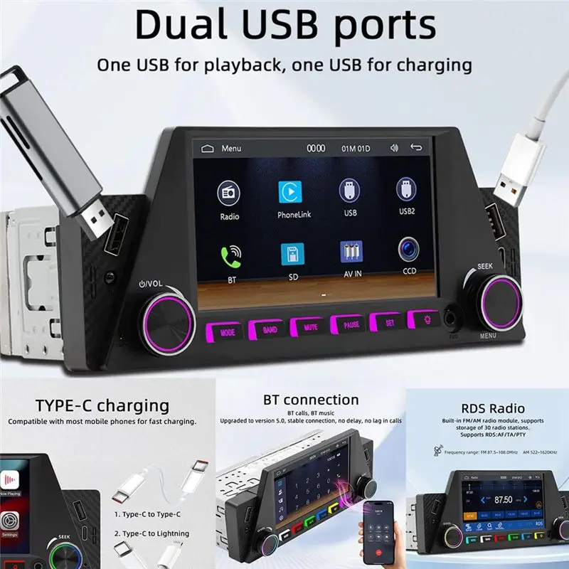 A95E-1 Din 4.7인치 차량용 라디오 무선 카플레이 안드로이드 오토 미러링크 RGB BT USB 타입-C 충전 FM 스테레오 후방 카메라