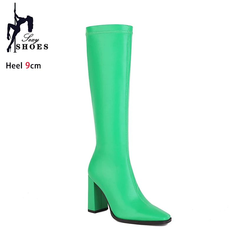 PU Leather Knee-High Boots Women Pointy Toe Elastic Club Party Heels Booties 2024 Autumn Winter Shoes For Lady Purple Long Boots