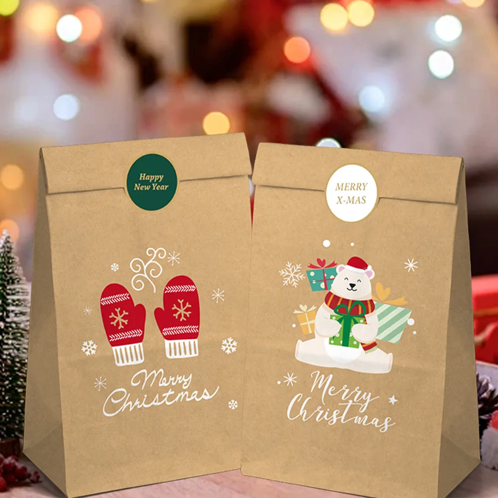 Set of 12/24 Retro Christmas Kraft Paper Gift Bags - Festive Holiday Wrapping Supplies