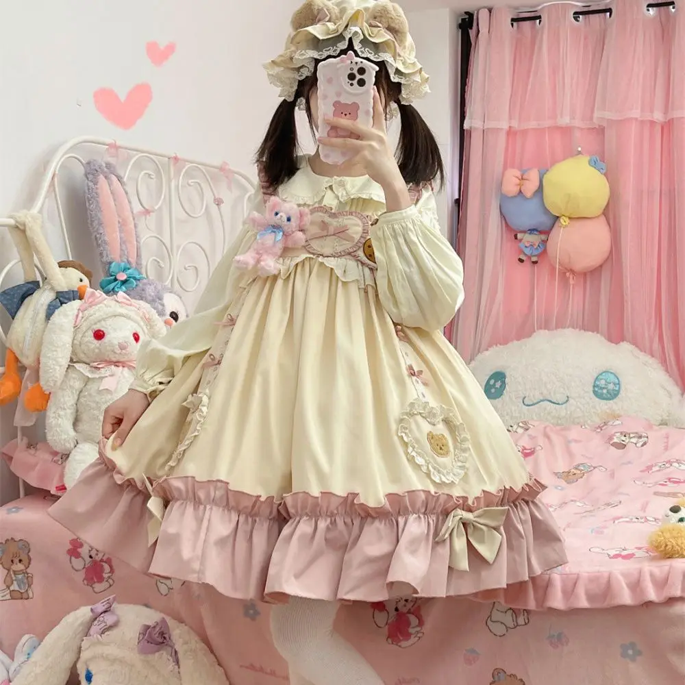 

MAGOGO Japanese Lolita Kawaii JSK Dresses Women Cute Bear Bow Ruffles Trim Sleeveless Strap Dress Sweet Princess Party Vestidos