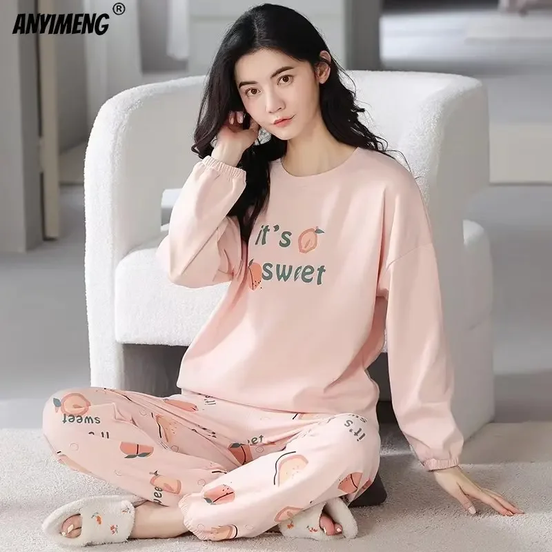 Women Pajamas Set Women Pajama Suit M-5XL Big Size Autumn Spring Pajamas Set For Women Kawaii Printing Sleepwear For Girl Fashion Long Sleeve O-neck Woman's Pijamas