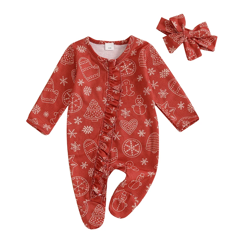 Baby Girls Christmas Jumpsuit Long Sleeve Gingerbread Man Snowman Candy Cane Print Romper with Headband