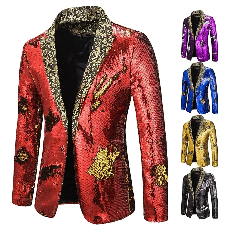 

2024 New Men Blazer Shiny Sequin Shawl Collar Suit Men Wedding Groom Singer Prom Glitter Suit Jacket DJ Club Stage Men Suit