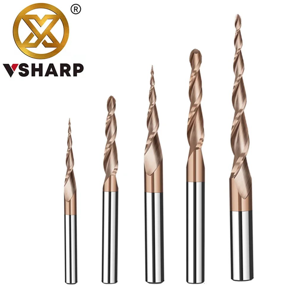 Carbide Spiral Tapered Ball Nose End Mill 6mm Shank 2 Flutes Router Bit Woodworking CNC 2D 3D Carving Bits Wood Milling Cutter
